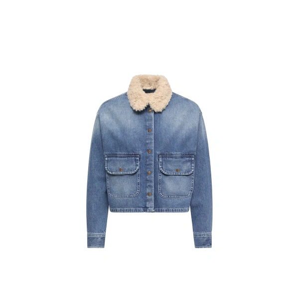 Teddy Trim Denim Shirt Jacket in Denim Blue