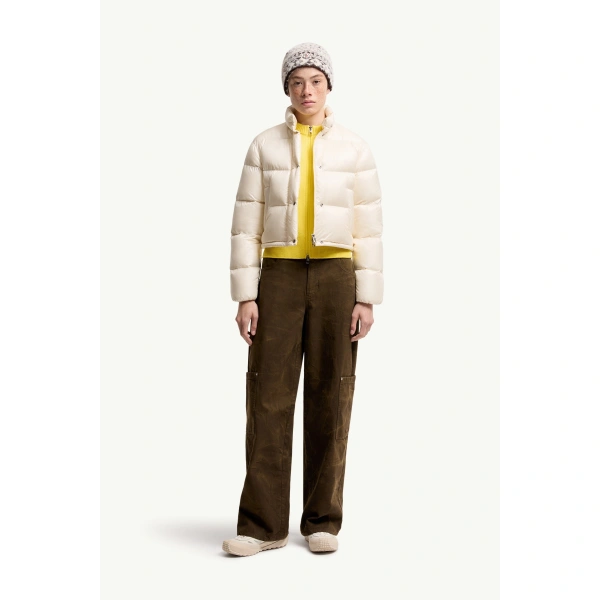 Moncler Tepice Short Down Jacket in White Ivory, view 2 | Women's Puffer Jackets | Coveti