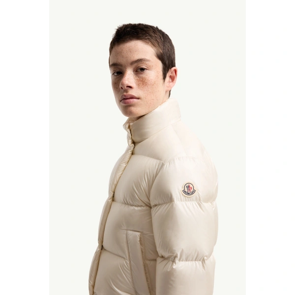 Moncler Tepice Short Down Jacket in White Ivory, view 3 | Women's Puffer Jackets | Coveti