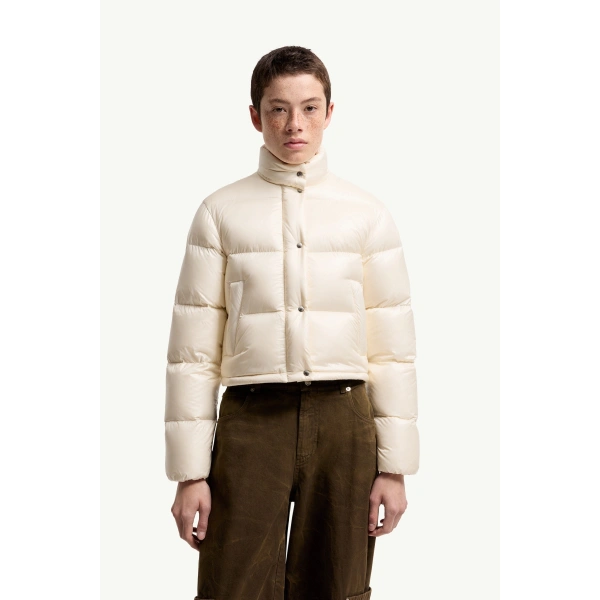 Moncler Tepice Short Down Jacket in White Ivory, view 4 | Women's Puffer Jackets | Coveti
