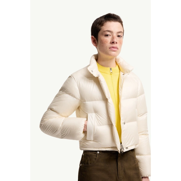 Moncler Tepice Short Down Jacket in White Ivory, view 6 | Women's Puffer Jackets | Coveti