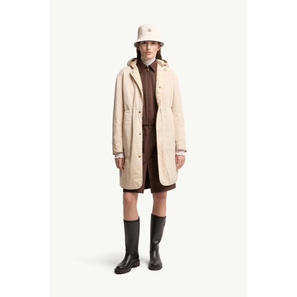 Moncler Thymlong Reversible Hooded Down Parka Coat in Light Beige, view 2 | Women's Puffer and Down Coats | Coveti