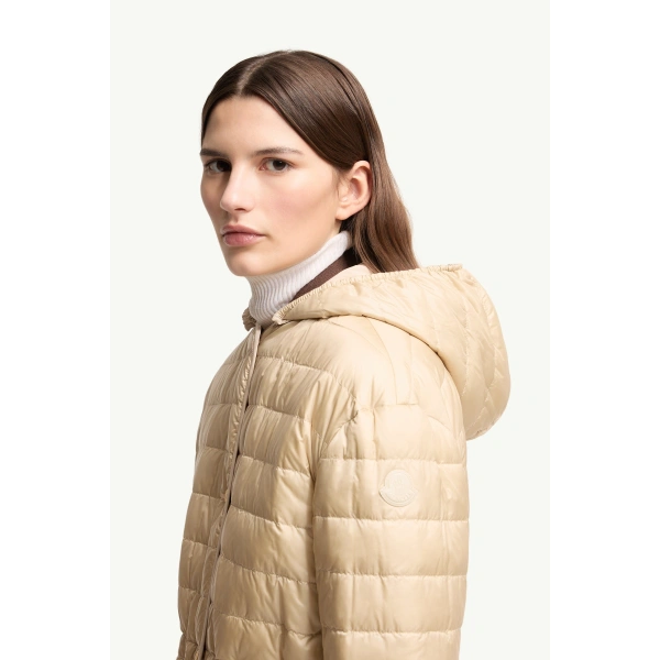 Moncler Thymlong Reversible Hooded Down Parka Coat in Light Beige, view 3 | Women's Puffer and Down Coats | Coveti
