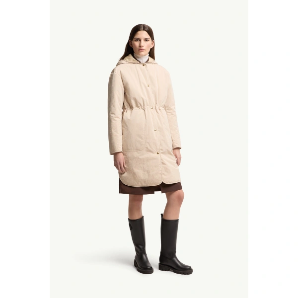 Moncler Thymlong Reversible Hooded Down Parka Coat in Light Beige, view 4 | Women's Puffer and Down Coats | Coveti