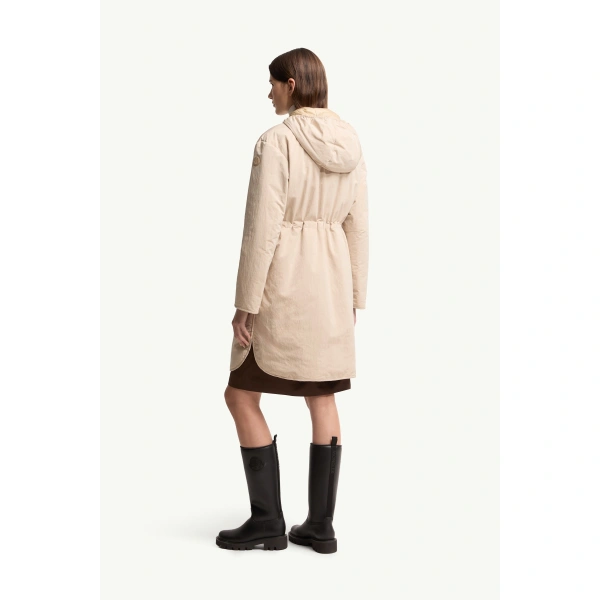 Moncler Thymlong Reversible Hooded Down Parka Coat in Light Beige, view 5 | Women's Puffer and Down Coats | Coveti