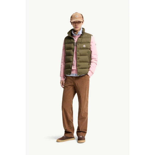 Moncler Tibb Down Gilet in Olive Green, view 2 | Men's Jackets | Coveti