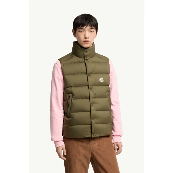 Moncler Tibb Down Gilet in Olive Green, view 4 | Men's Jackets | Coveti