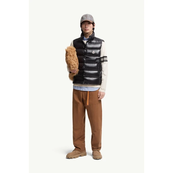Moncler Tibb Glossy Down Gilet in Black, view 2 | Men's Jackets | Coveti