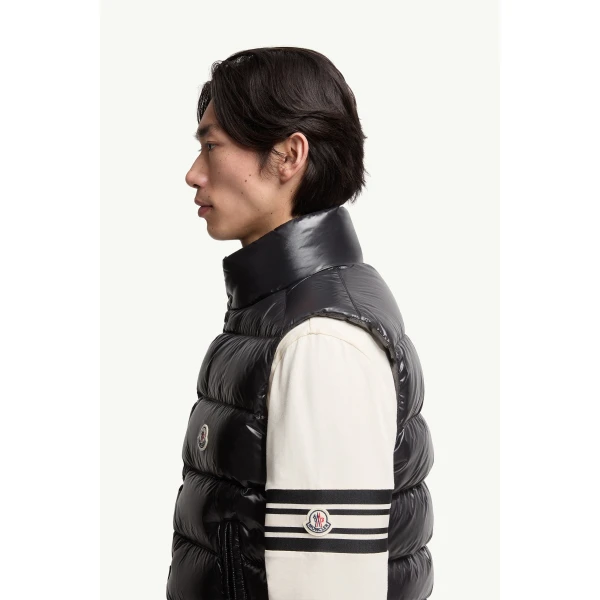 Moncler Tibb Glossy Down Gilet in Black, view 3 | Men's Jackets | Coveti