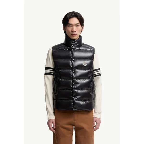 Moncler Tibb Glossy Down Gilet in Black, view 4 | Men's Jackets | Coveti