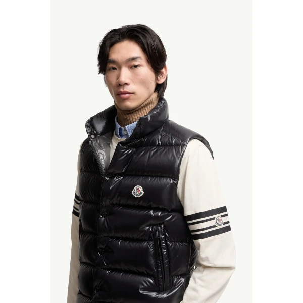 Moncler Tibb Glossy Down Gilet in Black, view 6 | Men's Jackets | Coveti