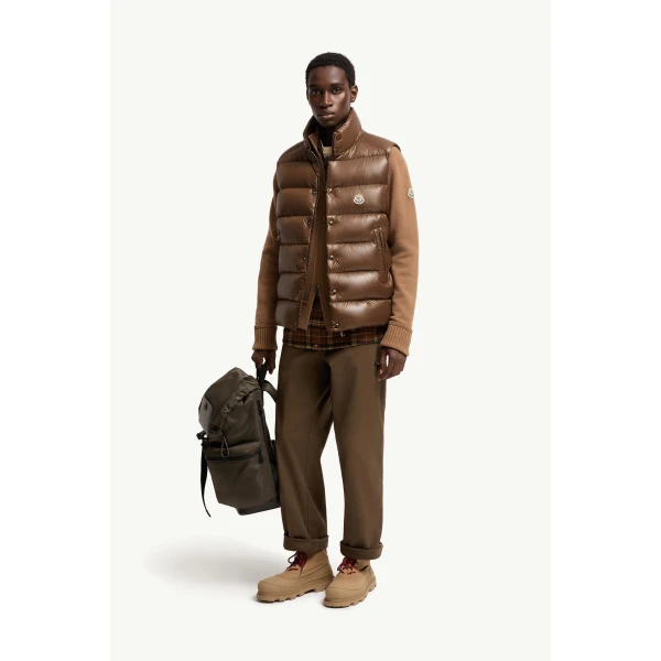 Moncler Tibb Glossy Down Gilet in Brown, view 2 | Men's Jackets | Coveti