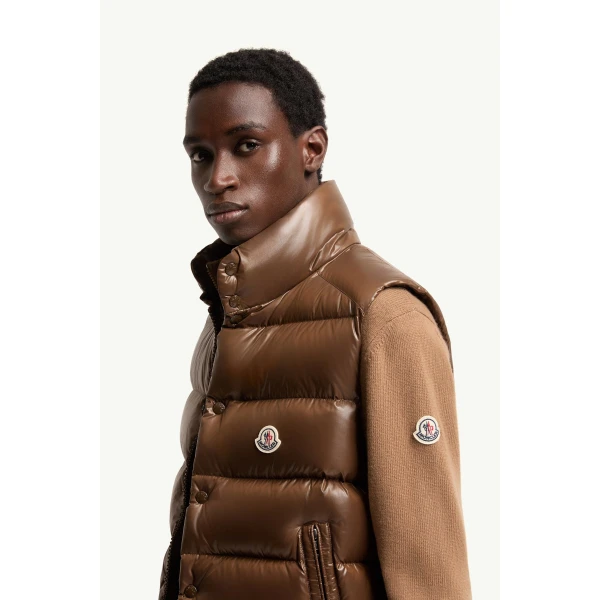 Moncler Tibb Glossy Down Gilet in Brown, view 3 | Men's Jackets | Coveti