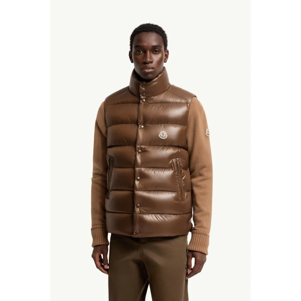 Moncler Tibb Glossy Down Gilet in Brown, view 4 | Men's Jackets | Coveti