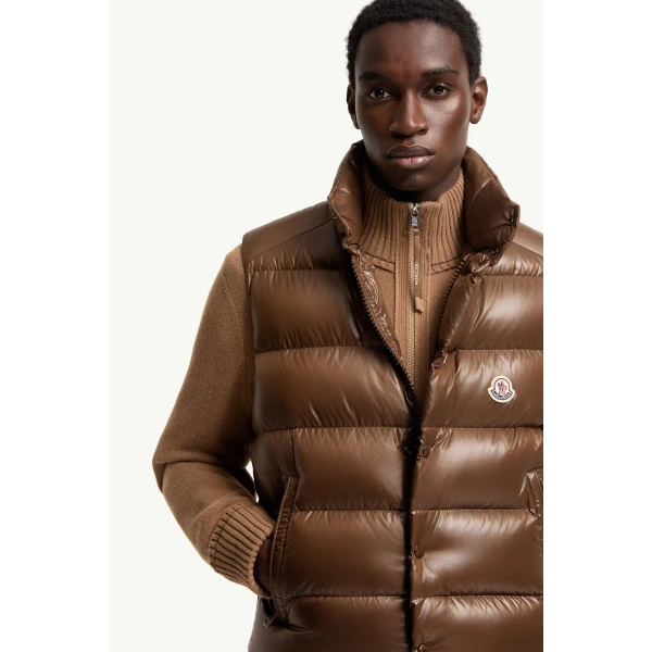 Moncler Tibb Glossy Down Gilet in Brown, view 6 | Men's Jackets | Coveti