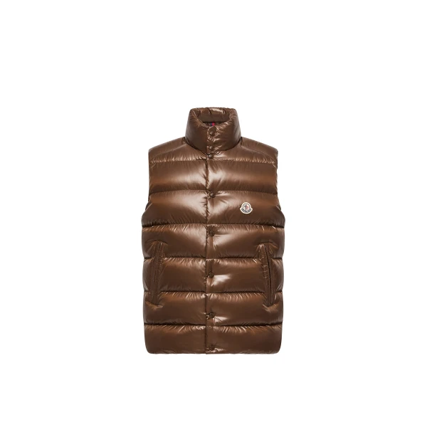 Moncler Tibb Glossy Down Gilet in Brown | Men's Jackets | Coveti