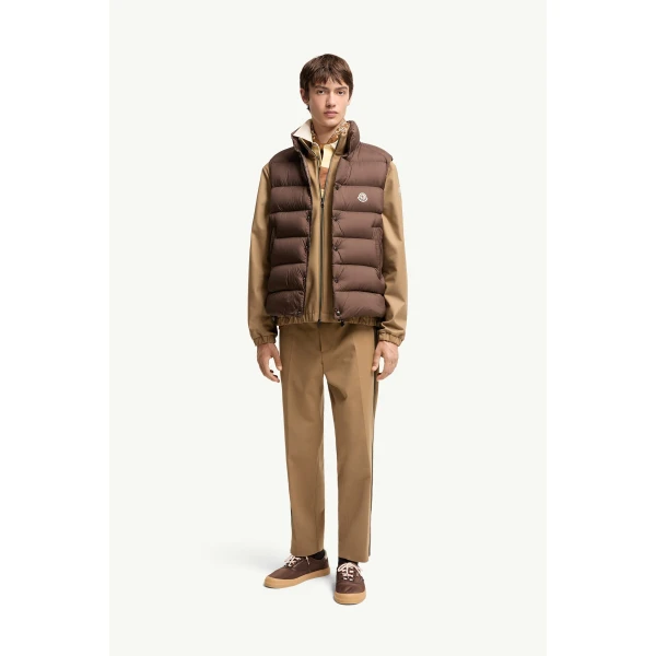 Moncler Tibb Matte Down Gilet in Brown, view 2 | Men's Jackets | Coveti