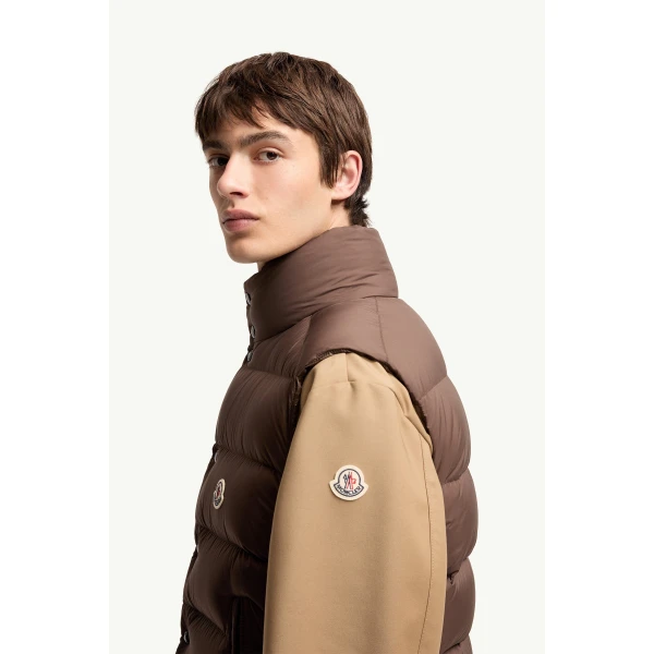 Moncler Tibb Matte Down Gilet in Brown, view 3 | Men's Jackets | Coveti