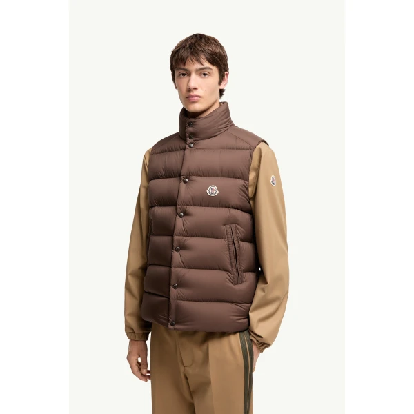 Moncler Tibb Matte Down Gilet in Brown, view 4 | Men's Jackets | Coveti