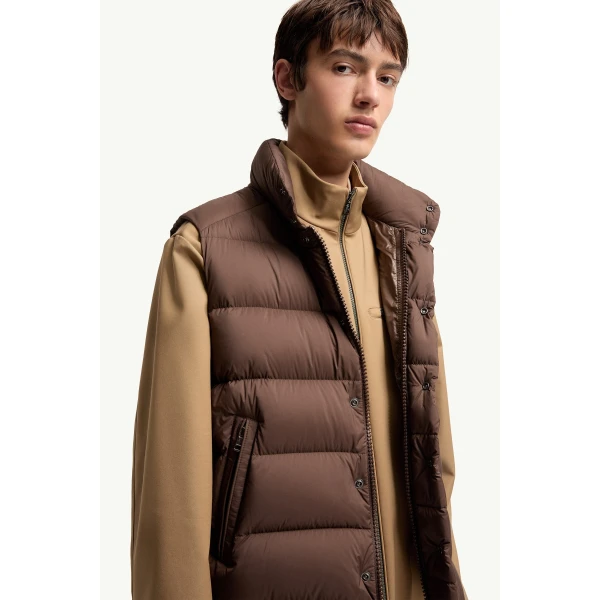 Moncler Tibb Matte Down Gilet in Brown, view 6 | Men's Jackets | Coveti