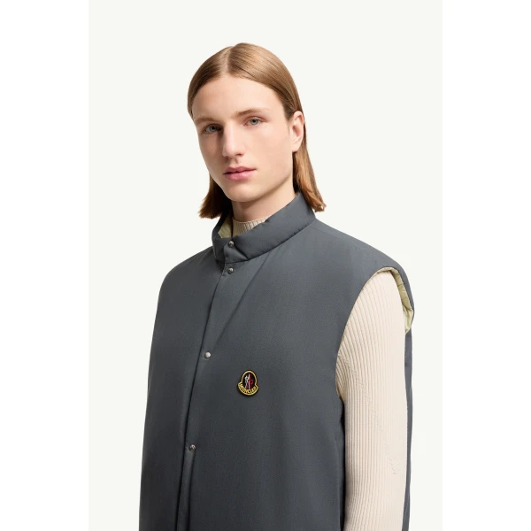 Moncler Tibb Reversible Down Gilet in Beige & Grey, view 3 | Men's Jackets | Coveti