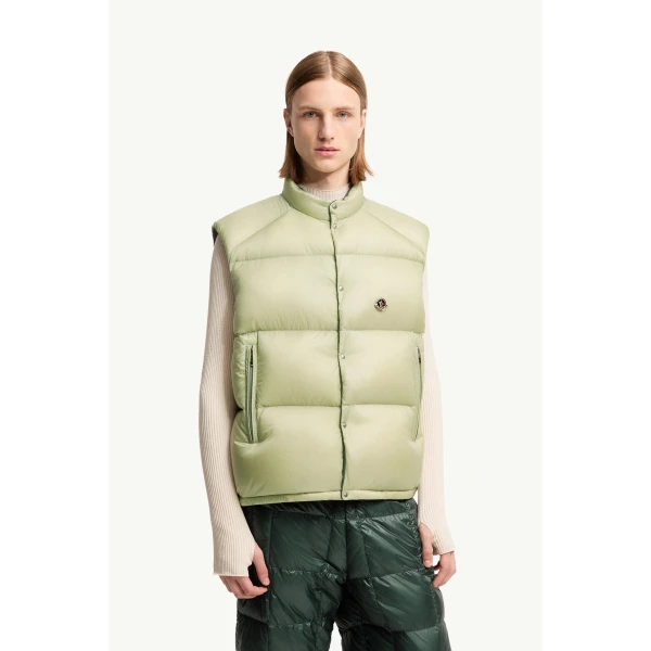 Moncler Tibb Reversible Down Gilet in Beige & Grey, view 4 | Men's Jackets | Coveti