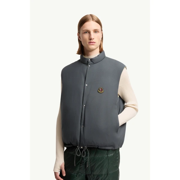 Moncler Tibb Reversible Down Gilet in Beige & Grey, view 6 | Men's Jackets | Coveti