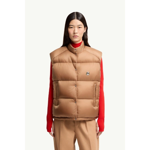 Moncler Tibb Reversible Down Gilet in Beige, view 4 | Women's Vests and Gilets | Coveti