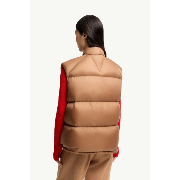 Moncler Tibb Reversible Down Gilet in Beige, view 5 | Women's Vests and Gilets | Coveti