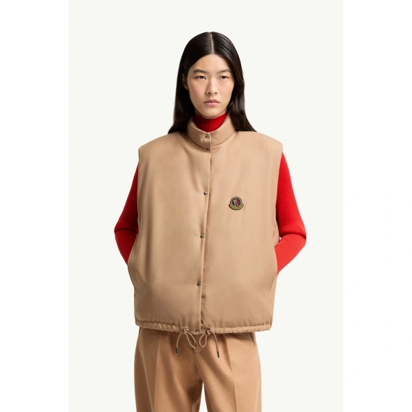 Moncler Tibb Reversible Down Gilet in Beige, view 6 | Women's Vests and Gilets | Coveti