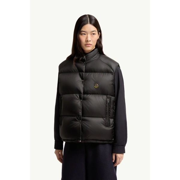 Moncler Tibb Reversible Down Gilet in Black, view 4 | Women's Vests and Gilets | Coveti