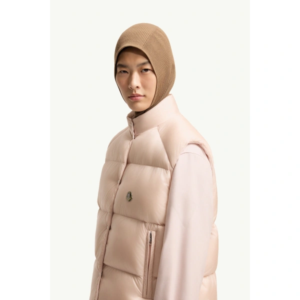 Moncler Tibb Reversible Down Gilet in Light Pink, view 3 | Women's Vests and Gilets | Coveti