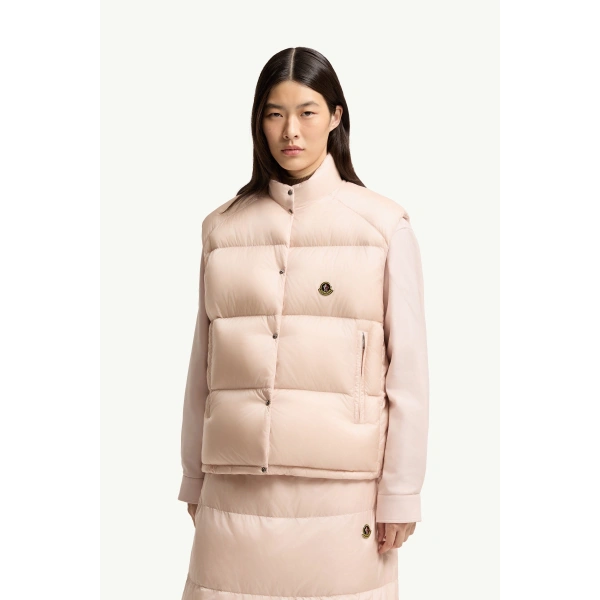 Moncler Tibb Reversible Down Gilet in Light Pink, view 4 | Women's Vests and Gilets | Coveti