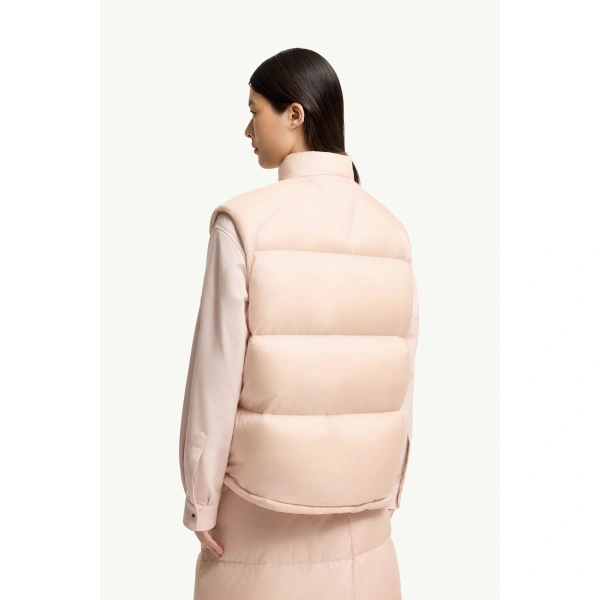 Moncler Tibb Reversible Down Gilet in Light Pink, view 5 | Women's Vests and Gilets | Coveti