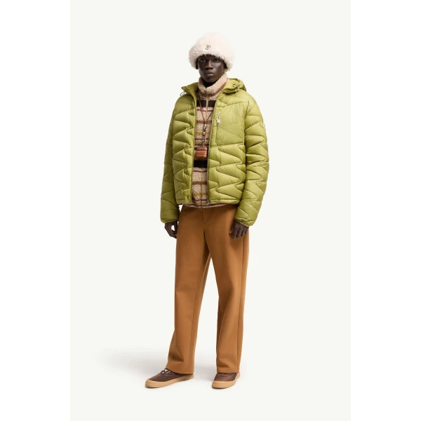 Moncler Tidone Hooded Wave Quilted Short Down Jacket in Lime Green, view 2 | Men's Jackets | Coveti