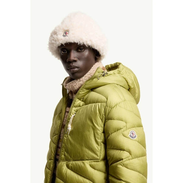 Moncler Tidone Hooded Wave Quilted Short Down Jacket in Lime Green, view 3 | Men's Jackets | Coveti