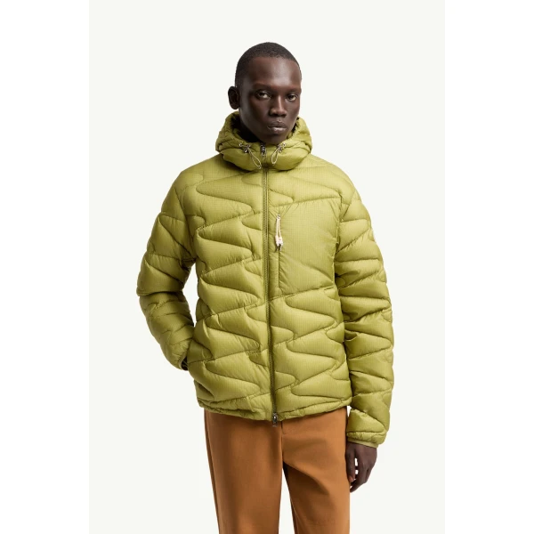 Moncler Tidone Hooded Wave Quilted Short Down Jacket in Lime Green, view 4 | Men's Jackets | Coveti