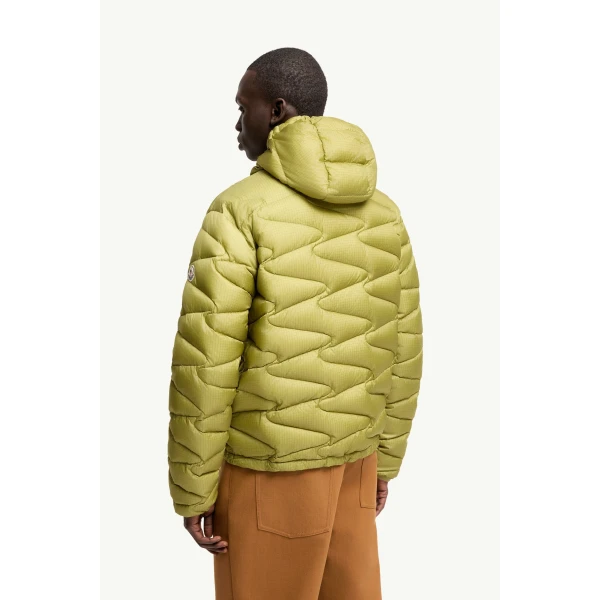 Moncler Tidone Hooded Wave Quilted Short Down Jacket in Lime Green, view 5 | Men's Jackets | Coveti
