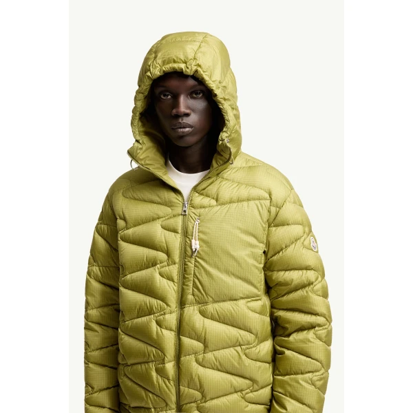 Moncler Tidone Hooded Wave Quilted Short Down Jacket in Lime Green, view 6 | Men's Jackets | Coveti
