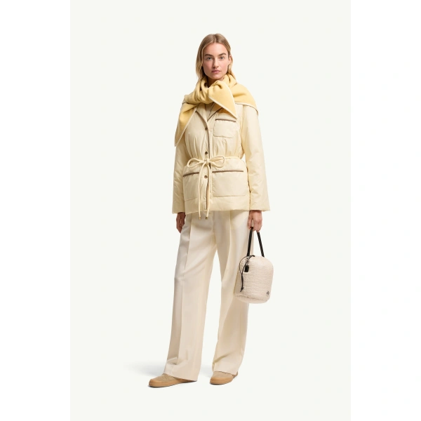 Moncler Tieche Belted Mid-Length Down Jacket in Light Beige, view 2 | Women's Puffer Jackets | Coveti