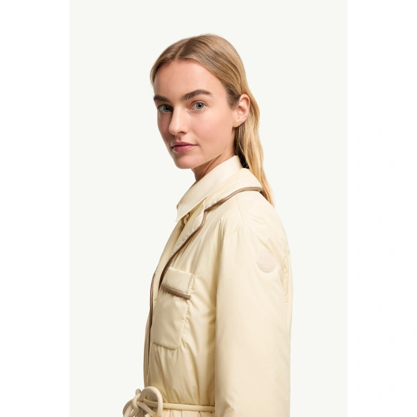 Moncler Tieche Belted Mid-Length Down Jacket in Light Beige, view 3 | Women's Puffer Jackets | Coveti