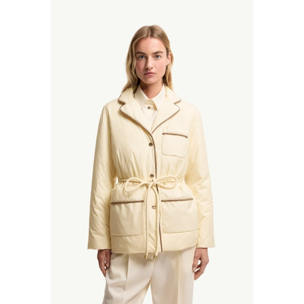 Moncler Tieche Belted Mid-Length Down Jacket in Light Beige, view 4 | Women's Puffer Jackets | Coveti