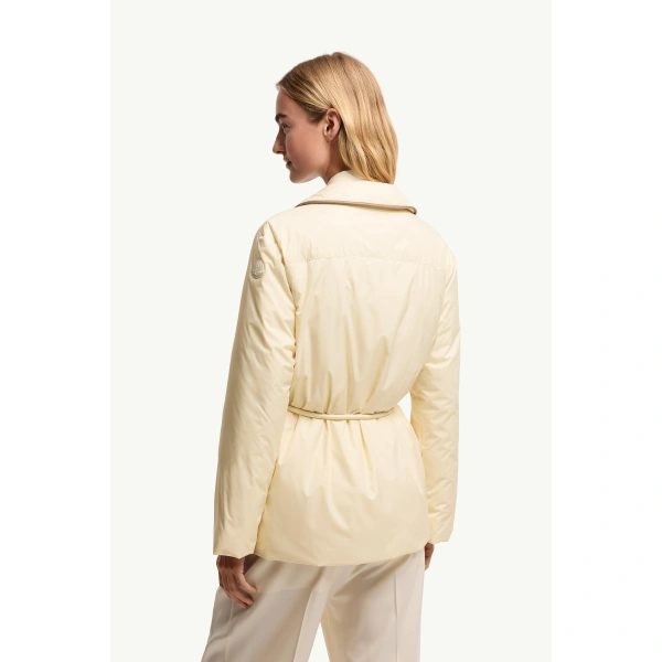 Moncler Tieche Belted Mid-Length Down Jacket in Light Beige, view 5 | Women's Puffer Jackets | Coveti