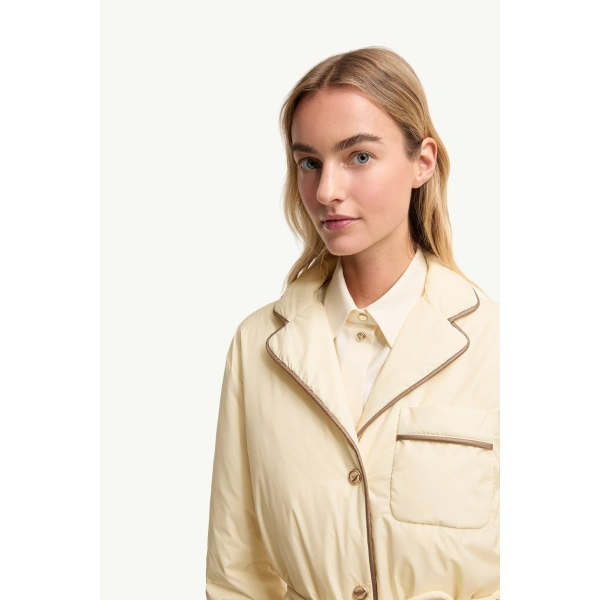 Moncler Tieche Belted Mid-Length Down Jacket in Light Beige, view 6 | Women's Puffer Jackets | Coveti