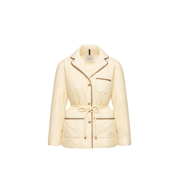 Moncler Tieche Belted Mid-Length Down Jacket in Light Beige | Women's Puffer Jackets | Coveti