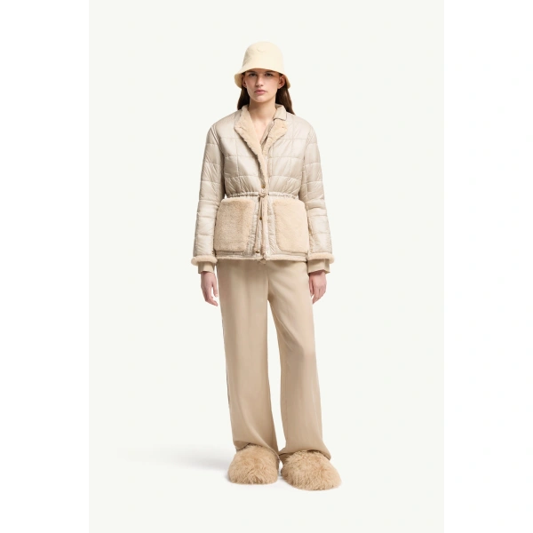 Moncler Tipule Reversible Short Down Jacket in Light Beige, view 2 | Women's Puffer Jackets | Coveti