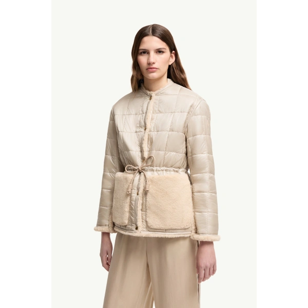 Moncler Tipule Reversible Short Down Jacket in Light Beige, view 4 | Women's Puffer Jackets | Coveti