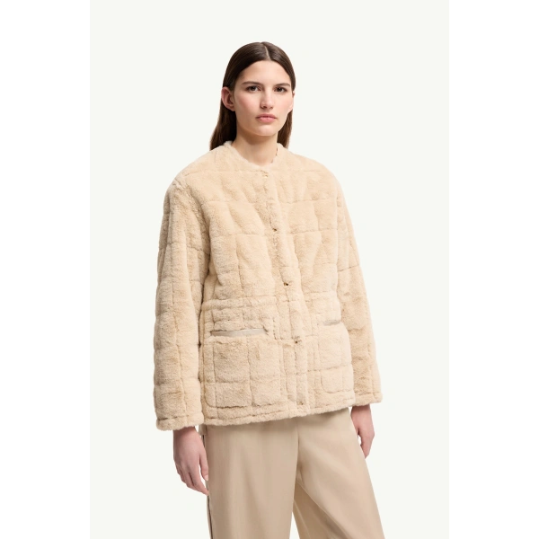 Moncler Tipule Reversible Short Down Jacket in Light Beige, view 6 | Women's Puffer Jackets | Coveti