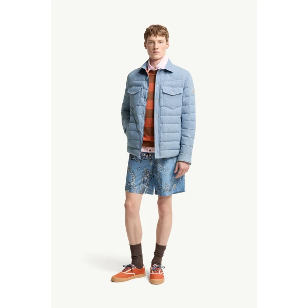 Moncler Tiriol Denim Down Shirt Jacket in Light Blue, view 2 | Men's Jackets | Coveti