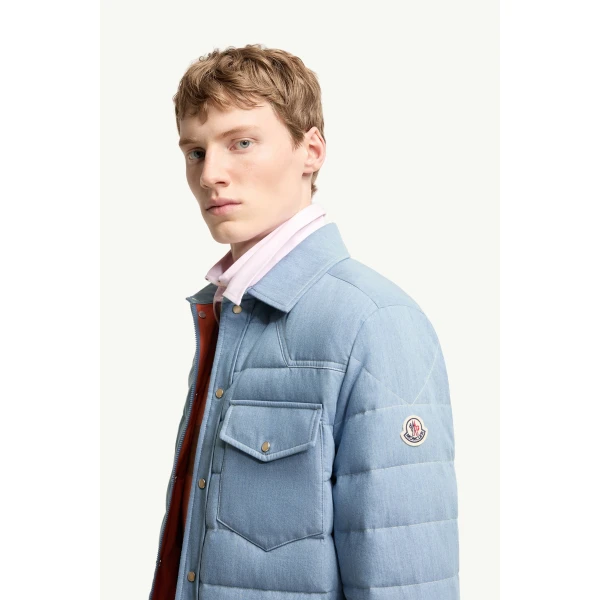 Moncler Tiriol Denim Down Shirt Jacket in Light Blue, view 3 | Men's Jackets | Coveti